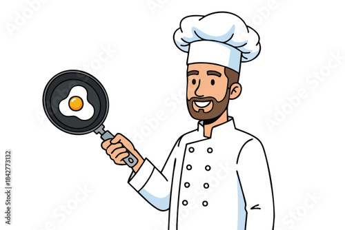 A smiling chef, holding a pan with a fried egg, in his crisp white uniform