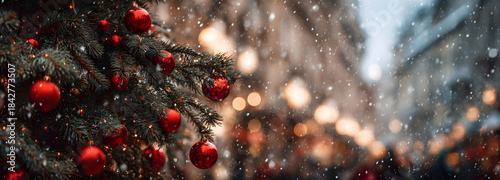 a christmas tree adorned with red ornaments stands in the city square