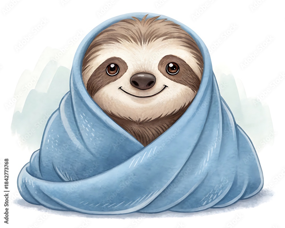 Obraz premium Cute baby sloth wrapped in a cozy blue blanket, smiling