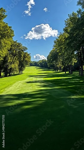 Green grassy path under blue sky on a sunny day at a country golf course with trees on both sides