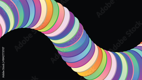 Abstract background colorful spiral geometry design. Winding tube shape dynamic creative digital art. Modern illustration composed of rounded colorful elements on black background.