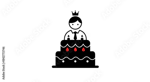 male manager with crown on two-tiered cake for professional holidays, corporate events, blog features, and articles about leadership and staff appreciation, with copy space