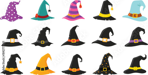 Colorful collection of witch hats in various magical styles for Halloween, fantasy costumes, decorations and spooky themed designs
