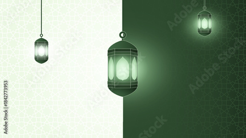 Islamic background with lighting lantern in green and white design. elegant Islamic background