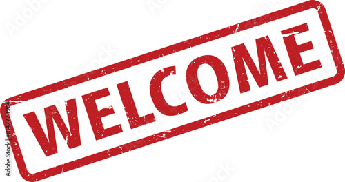 Distressed Red WELCOME Rubber Stamp with Rounded Rectangle Border Isolated on White Background