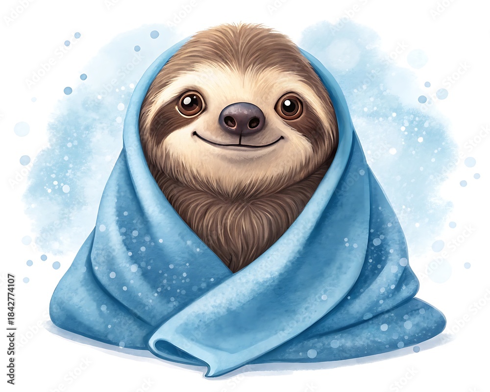 Obraz premium Cute baby sloth wrapped in a cozy blue towel or blanket