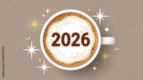 Top view of a coffee cup with 2026 written in foam surrounded by sparkling stars representing New Years celebration and fresh begi