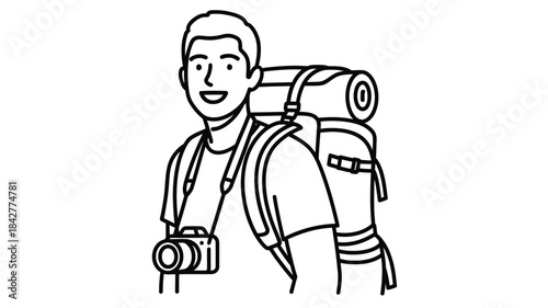 A simple line drawing depicts a traveler with a backpack and camera ready for adventure