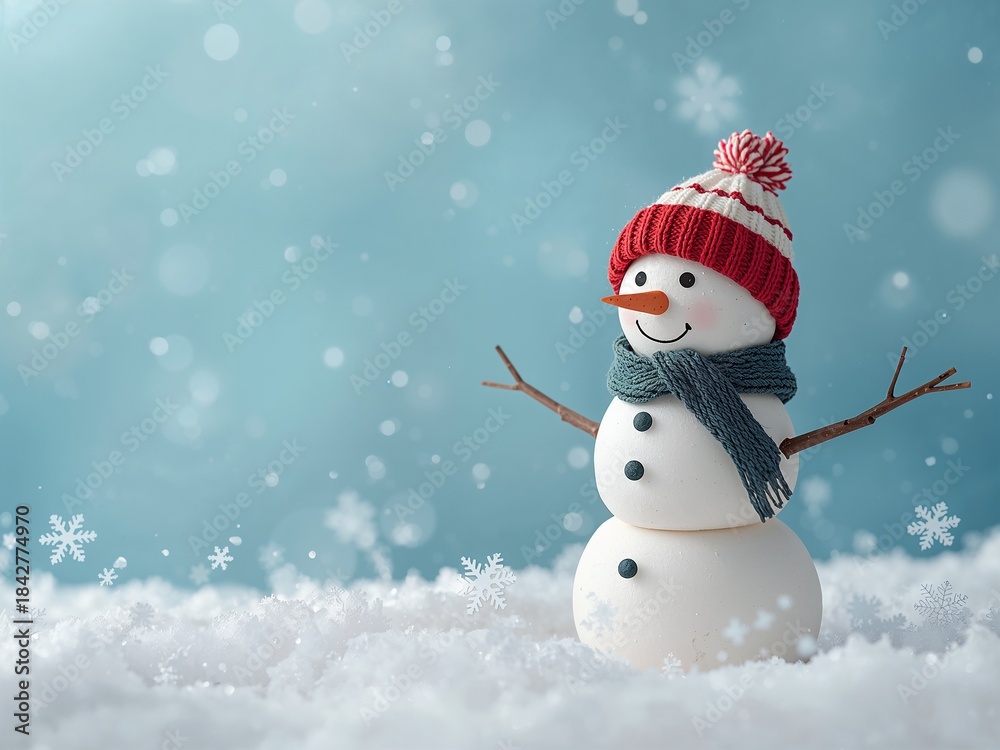 Fototapeta premium Cute snowman with red hat and scarf standing in fresh snow with soft falling snowflakes.