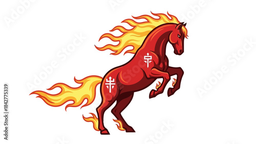 Fiery Red Horse Rearing Up with Flaming Mane and Tail, Symbolic Icon