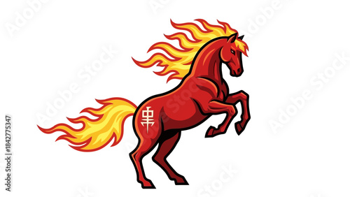 Fiery Red Horse Rearing Up with Flaming Mane and Tail, Symbol of Power