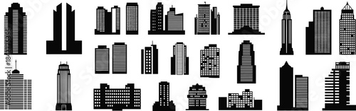 City skyline building silhouettes featuring skyscrapers, towers, apartments and urban architecture for cityscape design, construction graphics, mapping elements and illustration projects.