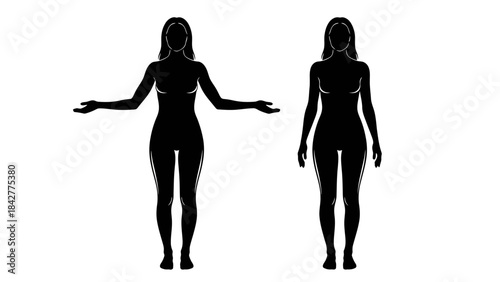 Two Female Body Silhouettes, One with Arms Outstretched, Posed Against White