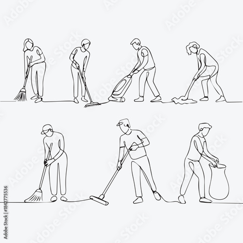 One Continuous Line Drawing Set of People Doing House Cleaning Chores
