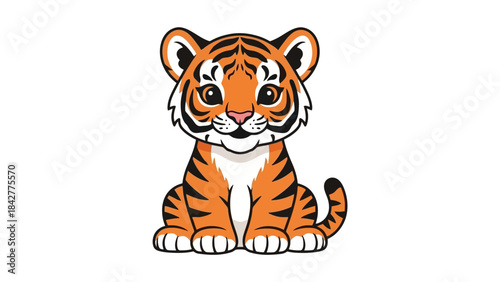 Adorable Cartoon Tiger Cub Sitting Front View Isolated on White Background