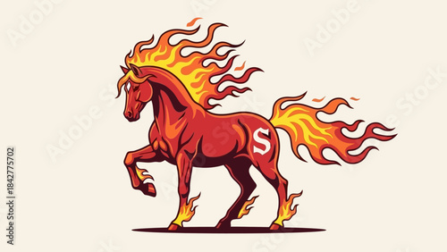 Fiery Horse Illustration with 'S' Symbol and Flaming Mane and Tail