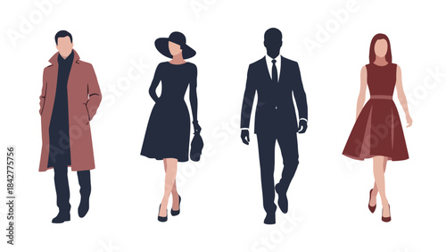 Diverse Fashionable Silhouettes: Men and Women in Stylish Attire