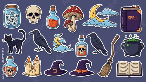 Spooky Halloween Stickers Collection: Witchcraft, Magic, and Gothic Elements