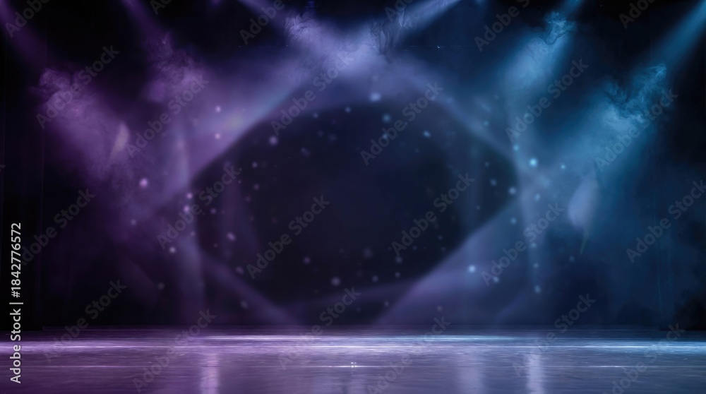 Fototapeta premium Ice rink stage with purple and blue spotlights and sparkling particles frozen skating
