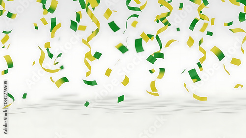 Green and yellow confetti falling over a clean background, festive mood