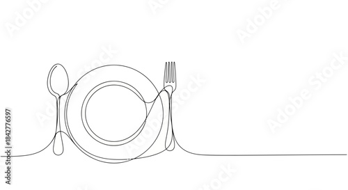 A minimalistic continuous line art of dinnerware setup with plate, spoon, and fork Vector
