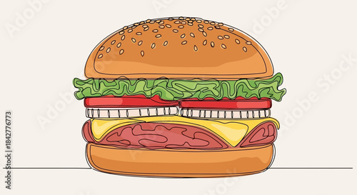 A deliciously layered burger illustration with fresh ingredients and a unique continuous line art style Vector