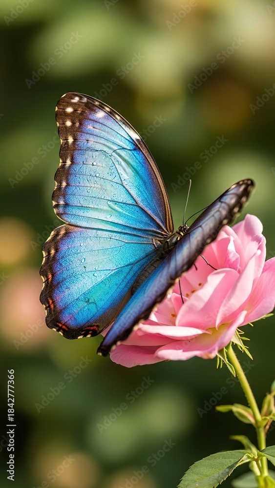 Naklejka premium Vibrant butterfly perched on pink flower against blurred green background