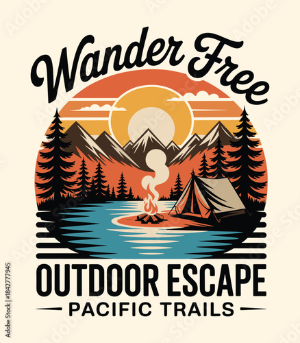 Retro Camping Illustration: Mountain Lake Adventure, Forest & Outdoor Design t shirt design