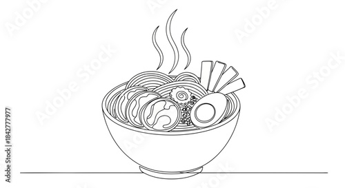 Steaming bowl of traditional japanese ramen noodles with egg and various toppings in a continuous line art style Vector