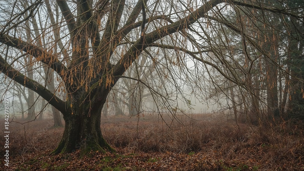 Fototapeta premium A large, old tree in a foggy forest during autumn with bare branches and a dense background of trees.