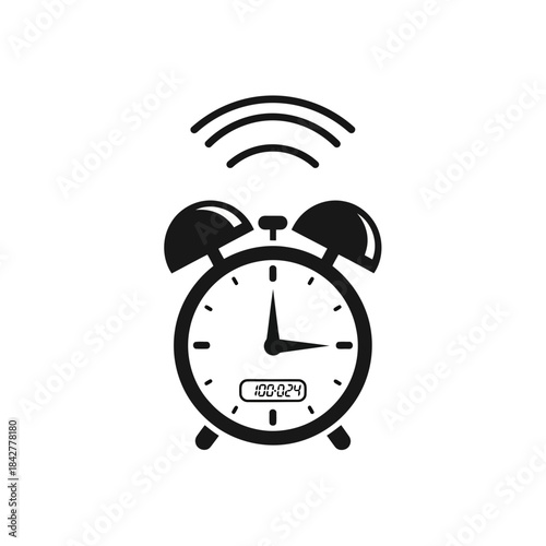 A classic style alarm clock with ringing waves and a small digital display, indicating a time notification Vector