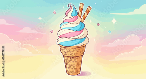 A whimsical pastel swirl ice cream cone against a dreamy sky with stars and clouds Vector