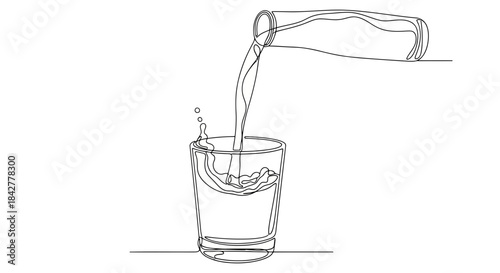 Continuous line drawing illustration of water being poured from a bottle into a glass with splashes Vector