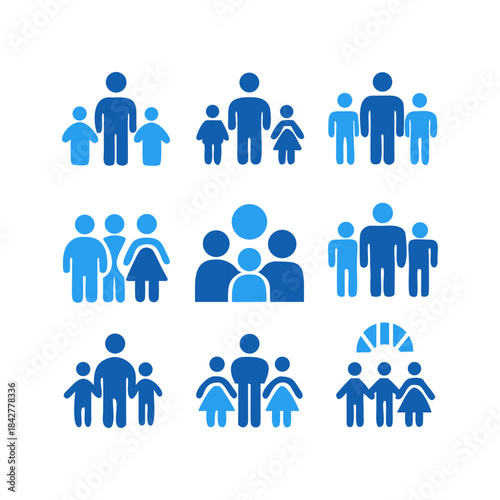 Set of blue family icons representing different family structures and sizes