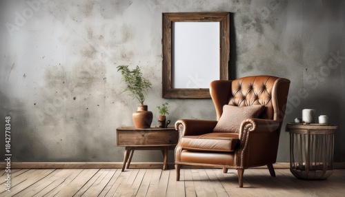 rustic weathered room features an aged wingback chair and an empty wooden frame against a textured concrete wall
