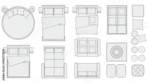 Set of detailed vector illustrations featuring various home interior furniture in top view, including beds, sofas, and chairs, for architectural floor plans and design projects.