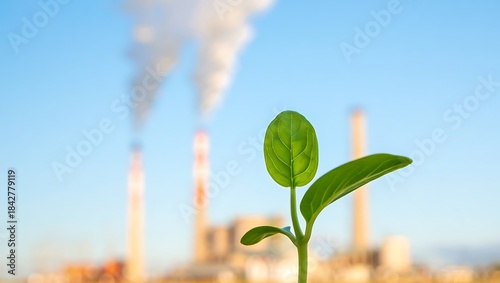 Fresh Green Sprout Standing Against Industrial Smokestacks Under Clear Blue Sky