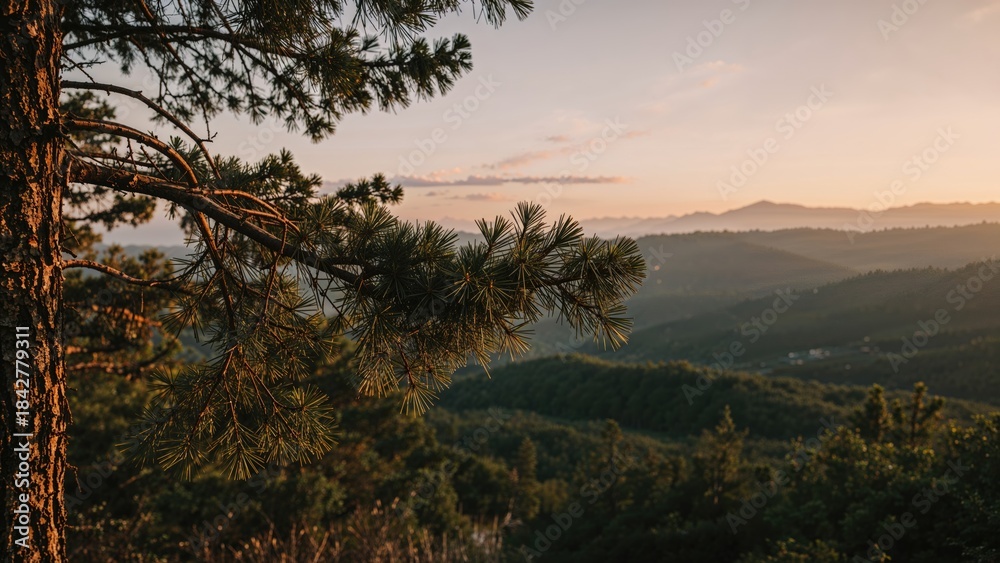 Obraz premium A scenic view of mountains and forests during sunset with a pine tree branch in the foreground. Nature, landscape, and tranquility. The beauty of natural scenery during twilight.