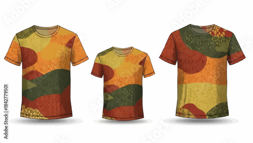 Colorful abstract patterned t-shirts in various sizes for casual wear.