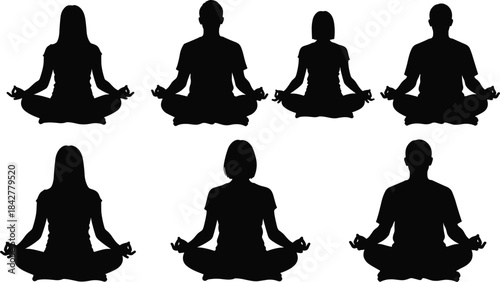 Silhouettes of Meditating People in Yoga Pose for Mindfulness, Tranquility, Balance, Relaxation, and Mental Health Wellness Practice.
