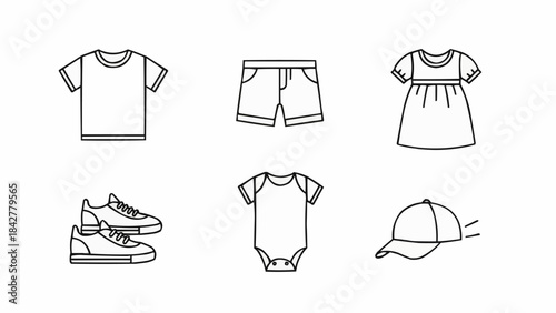 Collection of Childrens Clothing and Accessories Line Art Icons.