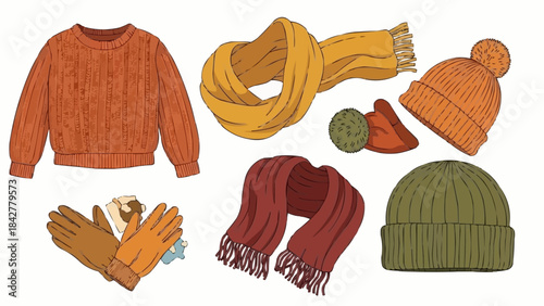 Cozy Winter Apparel Collection - Sweaters, Scarves, Hats, and Gloves.