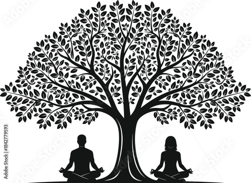 Serene Silhouettes of Man and Woman Meditating Under a Banyan or Bodhi Tree, Symbolizing Spiritual Connection, Yoga, Wellness, and Inner Peace.