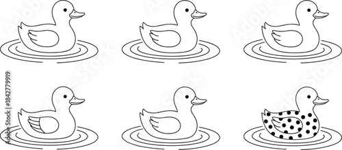 Cute collection of six rubber duck toy line art swimming in water ripples, perfect for coloring book pages or playful bath time illustrations.