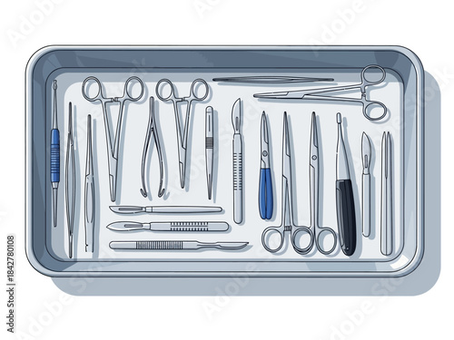 Surgical Instruments Arranged in a Tray A Collection of Medical Tools for Operations
