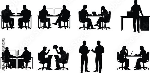 A collection of black silhouettes featuring office workers and business professionals sitting at desks with computers, collaborating, discussing, and working on laptops.