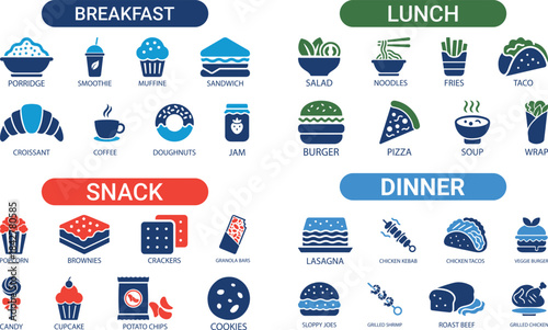Food and Meal Icons Set, Breakfast, Lunch, Snack, Dinner vector illustration