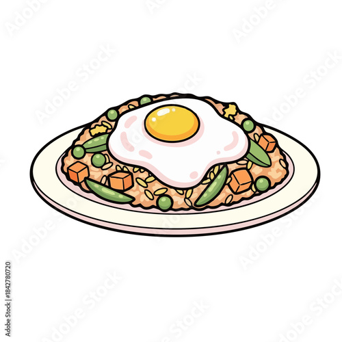 Indonesian Nasi Goreng Delicious cartoon fried rice topped with a perfectly sunny side up egg served on a simple white plate