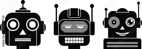 Black and white retro robot heads vector set, vintage technology and AI chatbot mascots, isolated character icons, robotics illustration, digital art, machine intelligence.