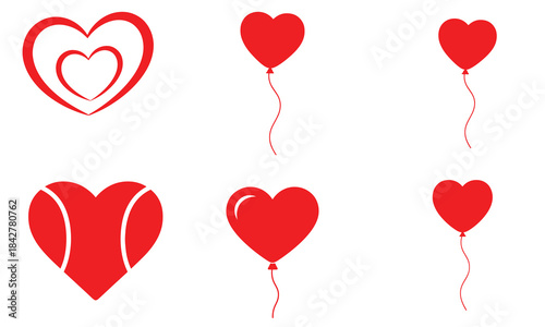 Set of red heart shapes and balloons for love and romance